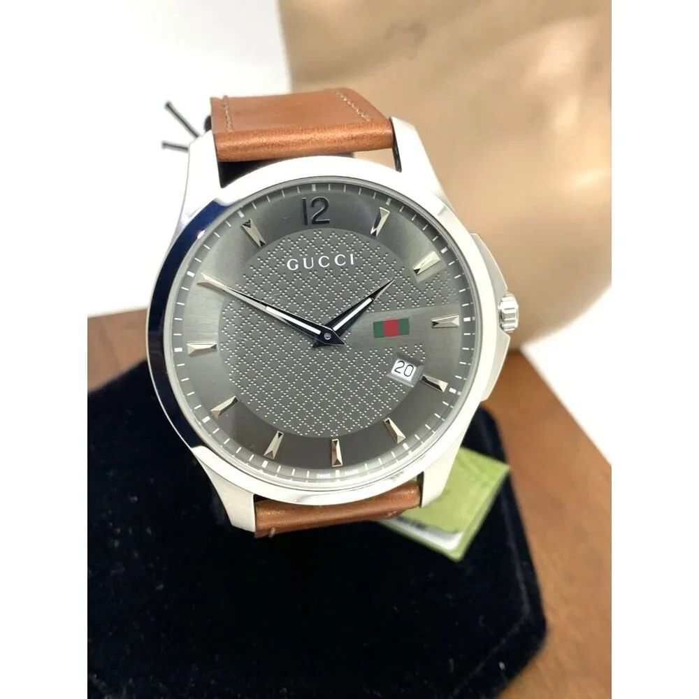 Gucci Men's Watch YA126302 G-Timeless Swiss Quartz Gray Dial Brown Leather 40mm